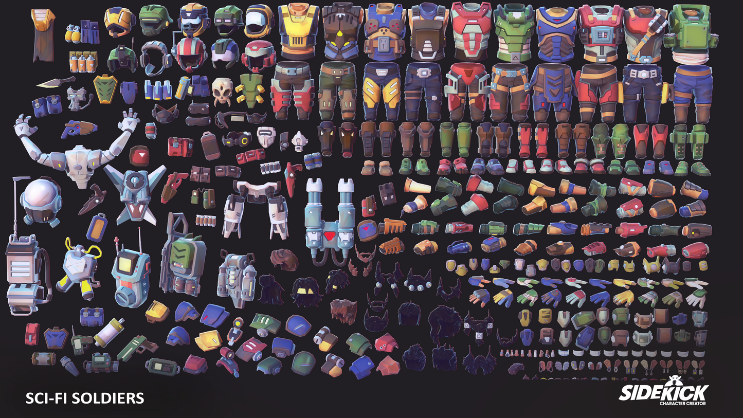 Collection of various 3D assets on a black background from the Sci-Fi Soldiers Sidekick Pack