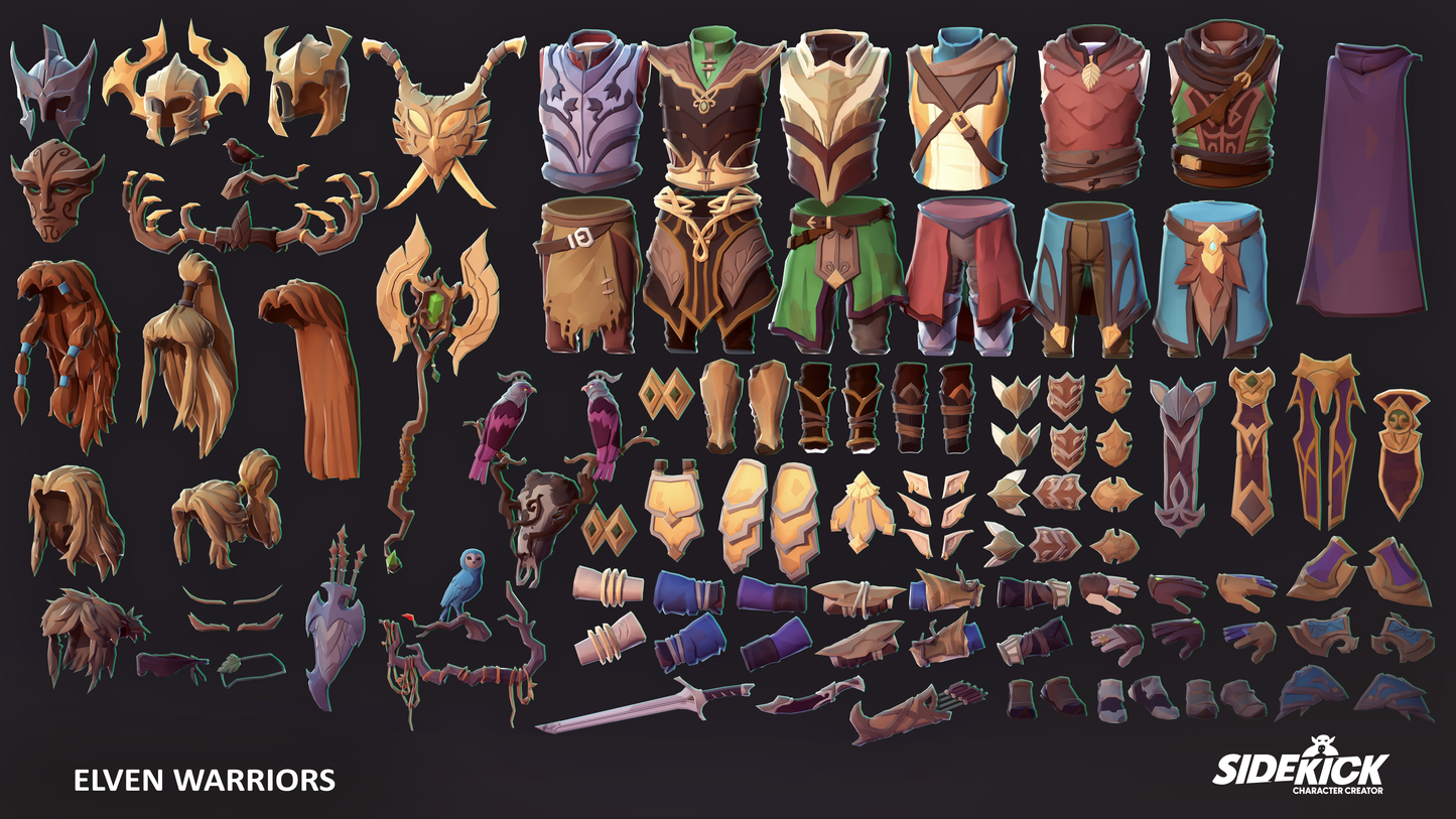 Collection of elven warrior armor and accessories from the Sidekick Characters Pack