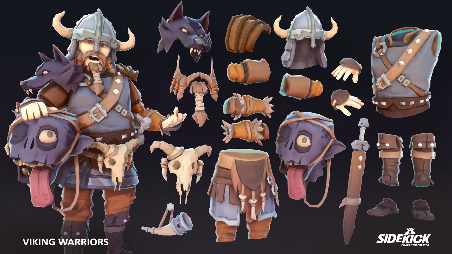 Viking warrior character with customizable parts on a black background, featuring Sidekick character creator branding.