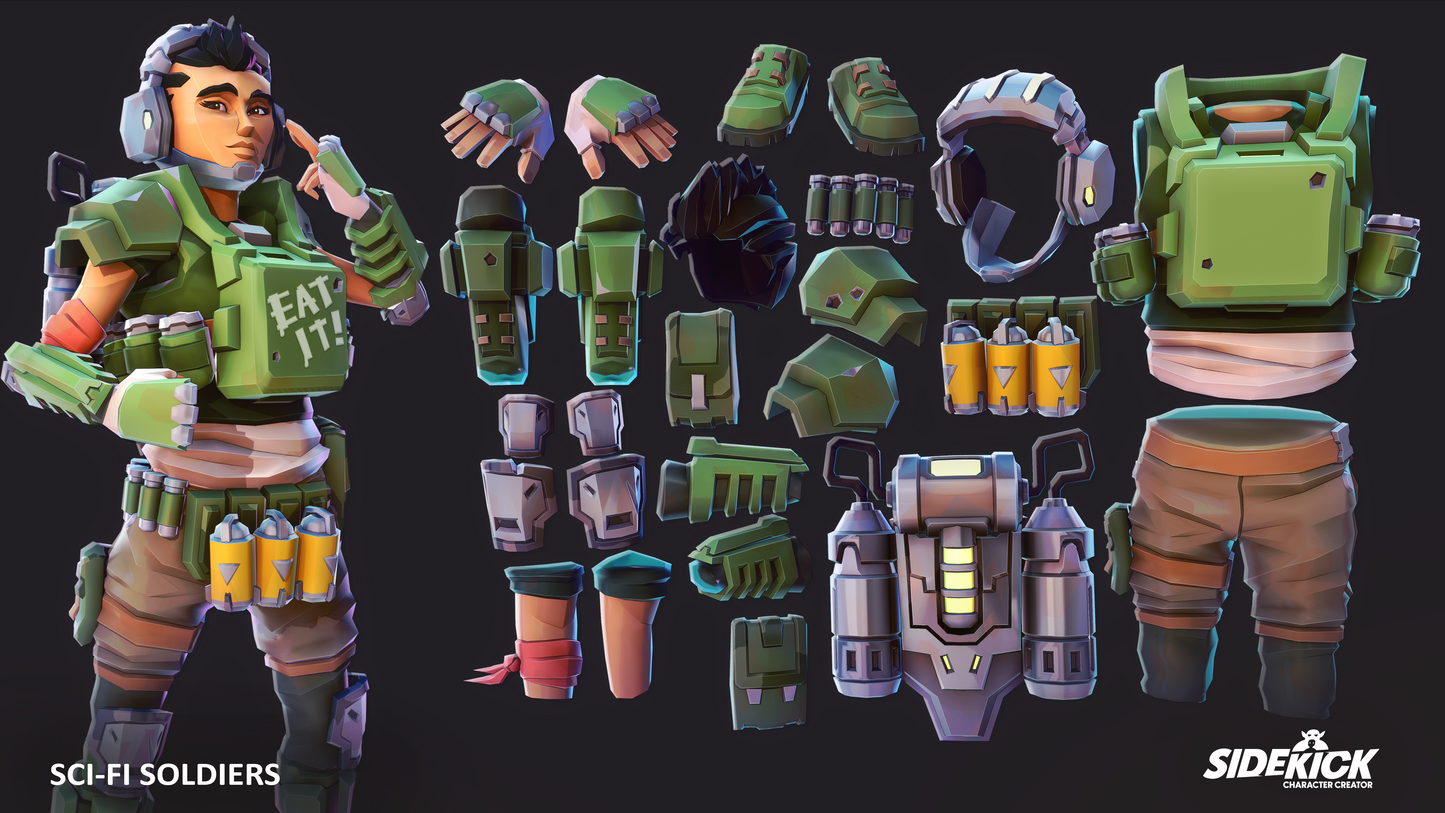 Sci-fi soldier character with various accessories on a black background, featuring the Sidekick brand.