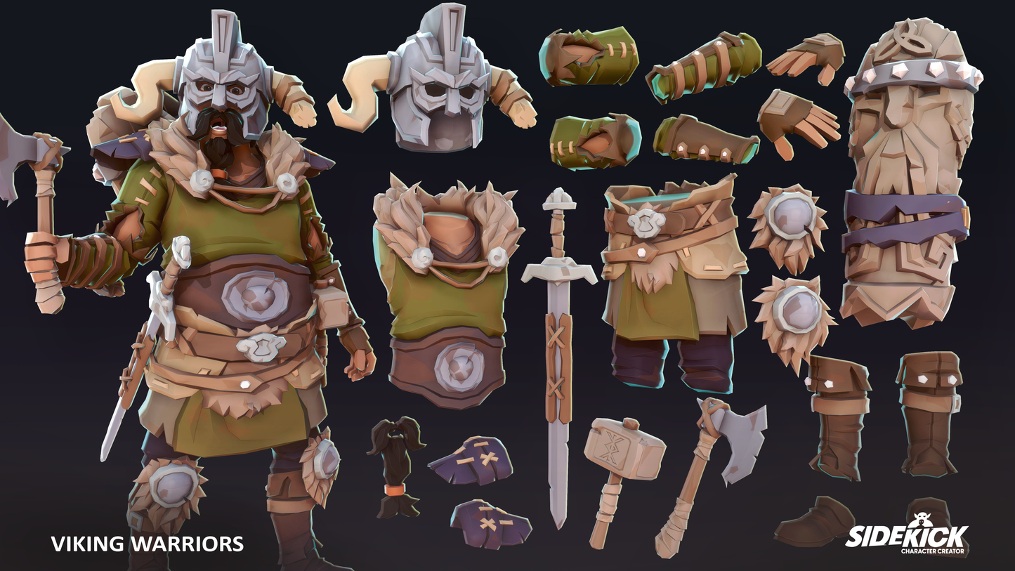 3D viking warrior character with various accessories and weapon assets on a black background