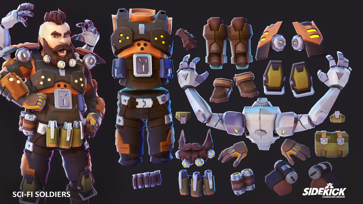3D sci fi solder figure with customizable parts on a dark background, featuring the Sidekick brand.