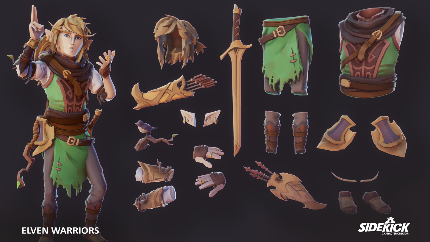 Elven warrior character with customizable parts from the Sidekick Characters Pack