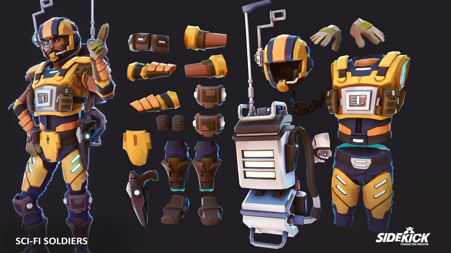 Modular sci-fi soldier suit with various parts on a black background, featuring the Sidekick logo.