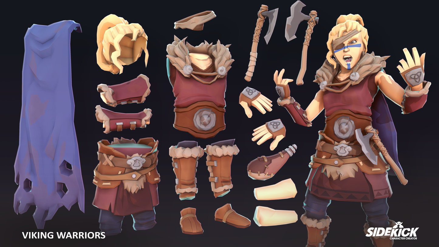 Female viking warrior character with customizable assets on a dark background, featuring Sidekick branding.