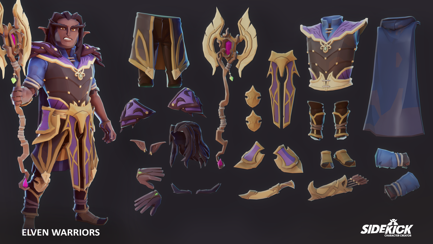 Elven warrior character with various accessories and armor pieces on a dark background, featuring the Sidekick logo