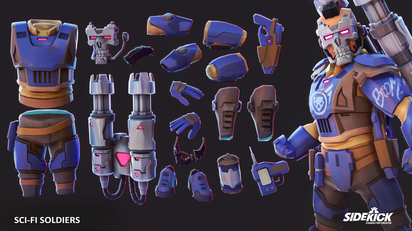 Collection of sci-fi soldier parts and a full figure with Sidekick branding on a dark background.