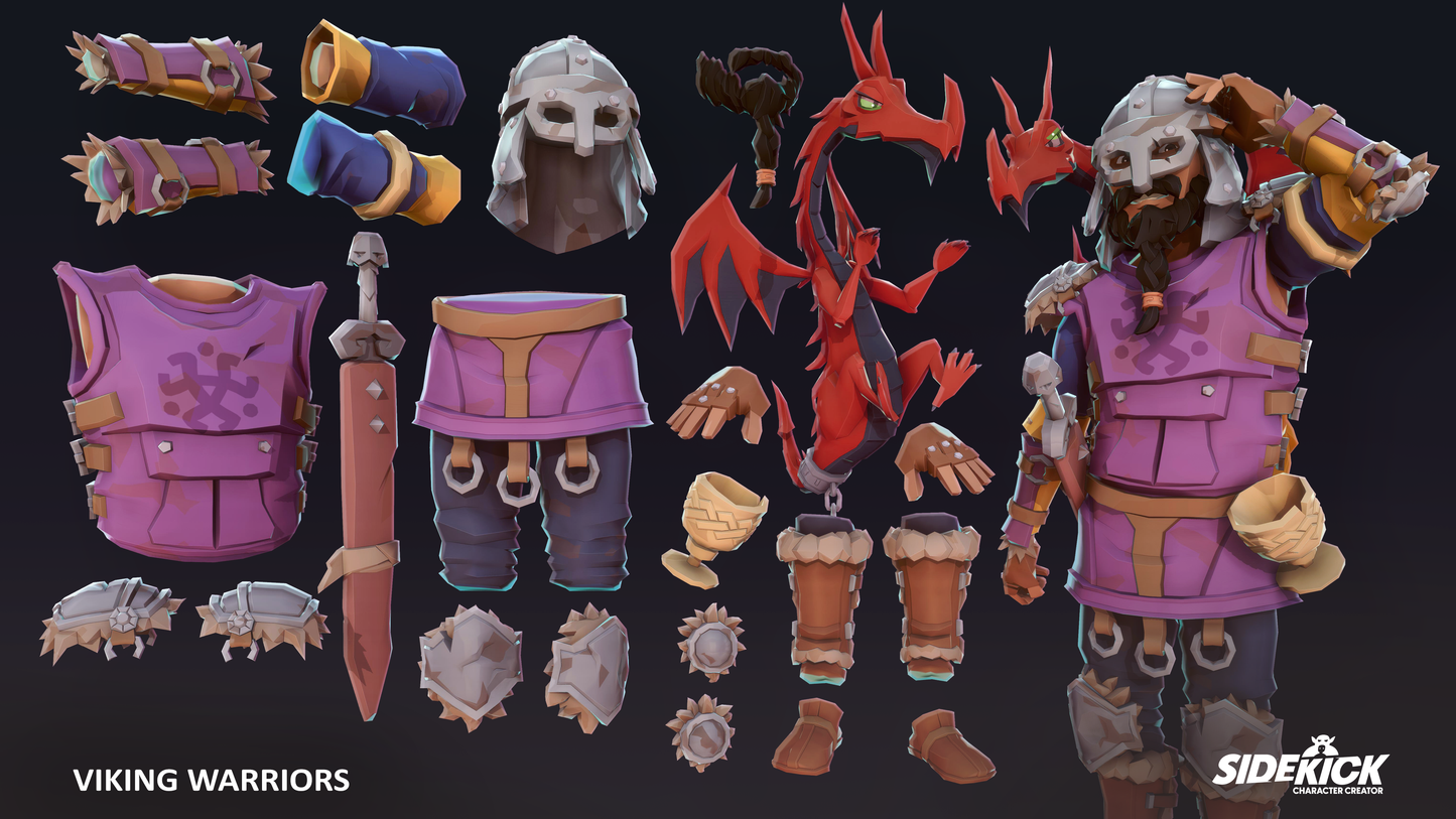 Collection of viking warrior accessories and armor assets with Sidekick logo.