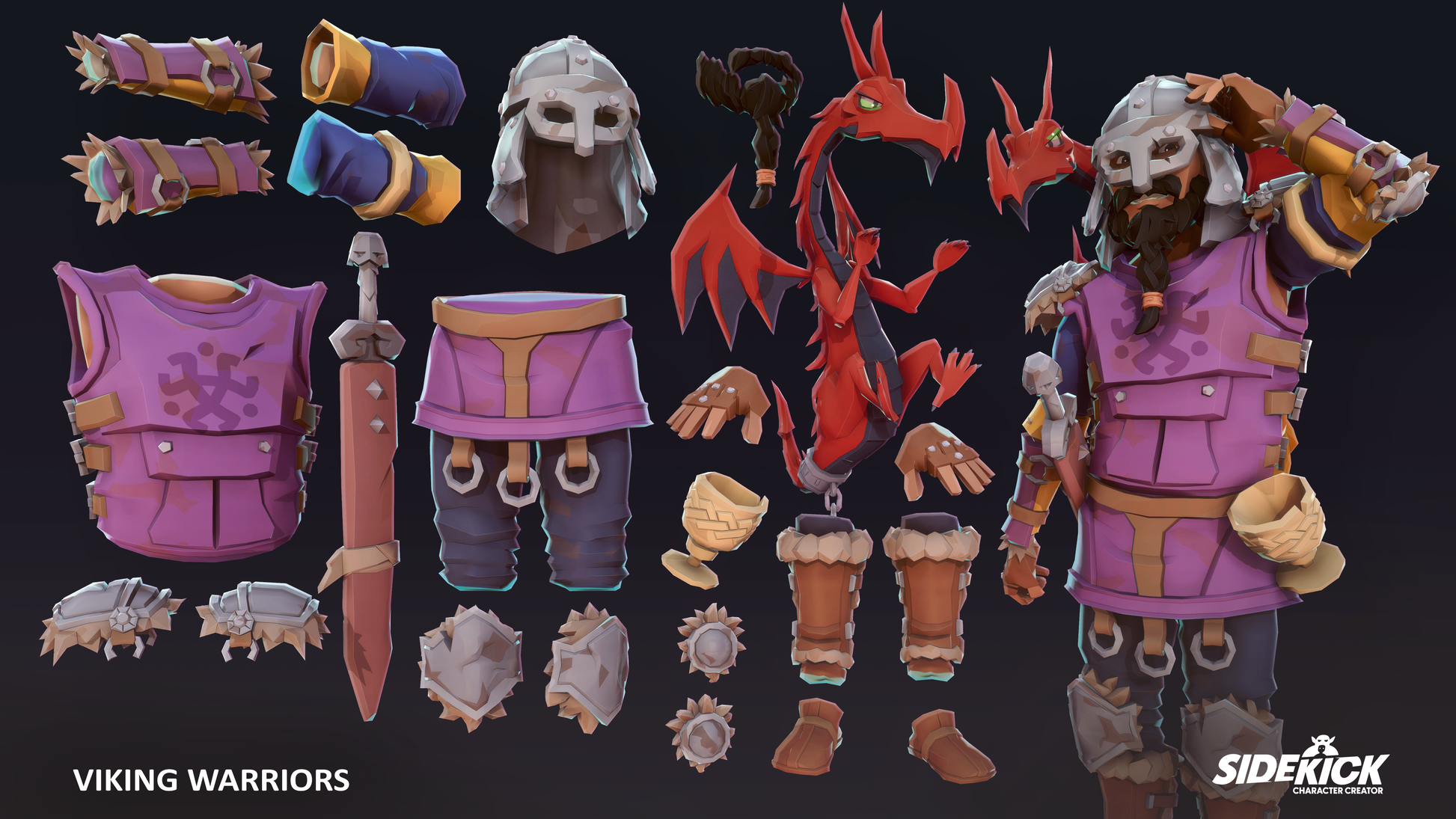 Collection of viking warrior accessories and armor assets with Sidekick logo.