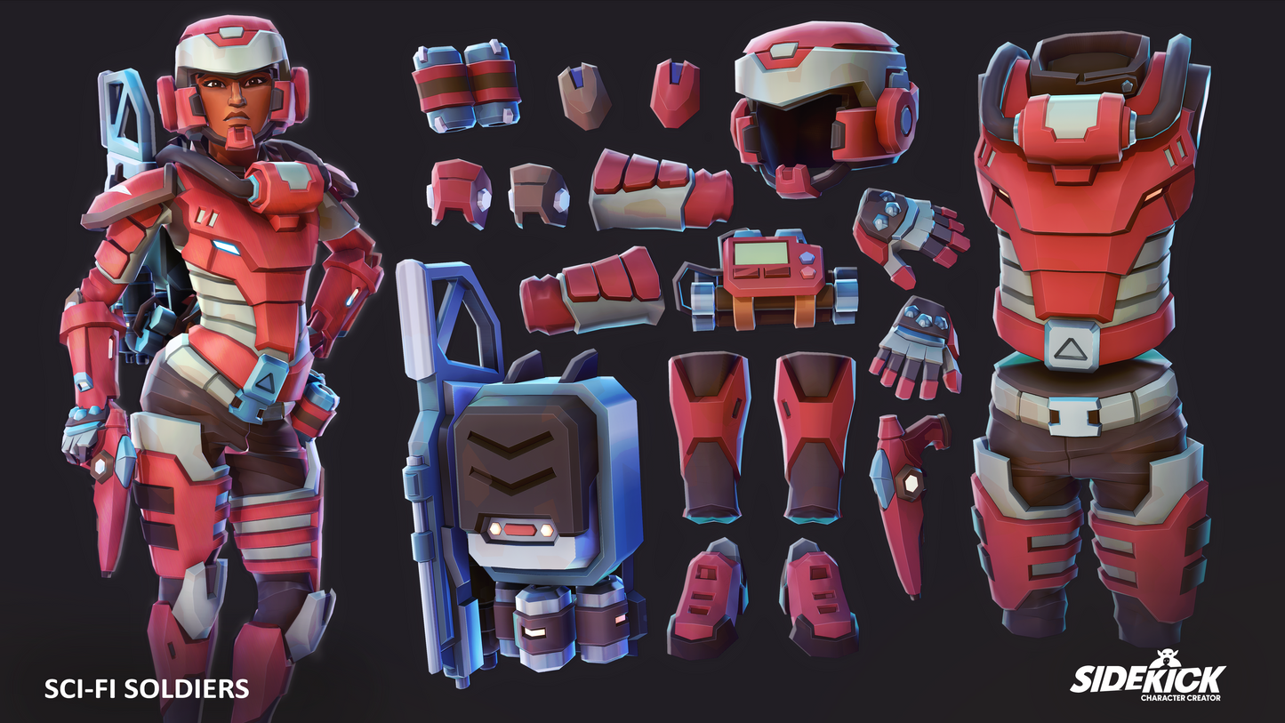 Sci-fi soldier character with customizable parts from the Sidekick Character Pack