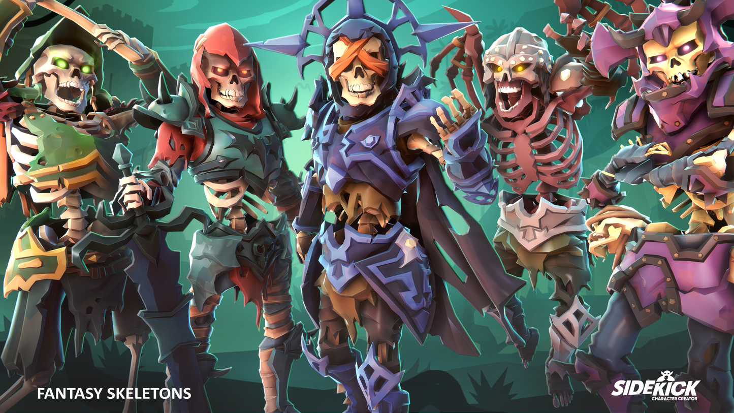 Colorful fantasy skeletons with Sidekick character creator logo on a green background