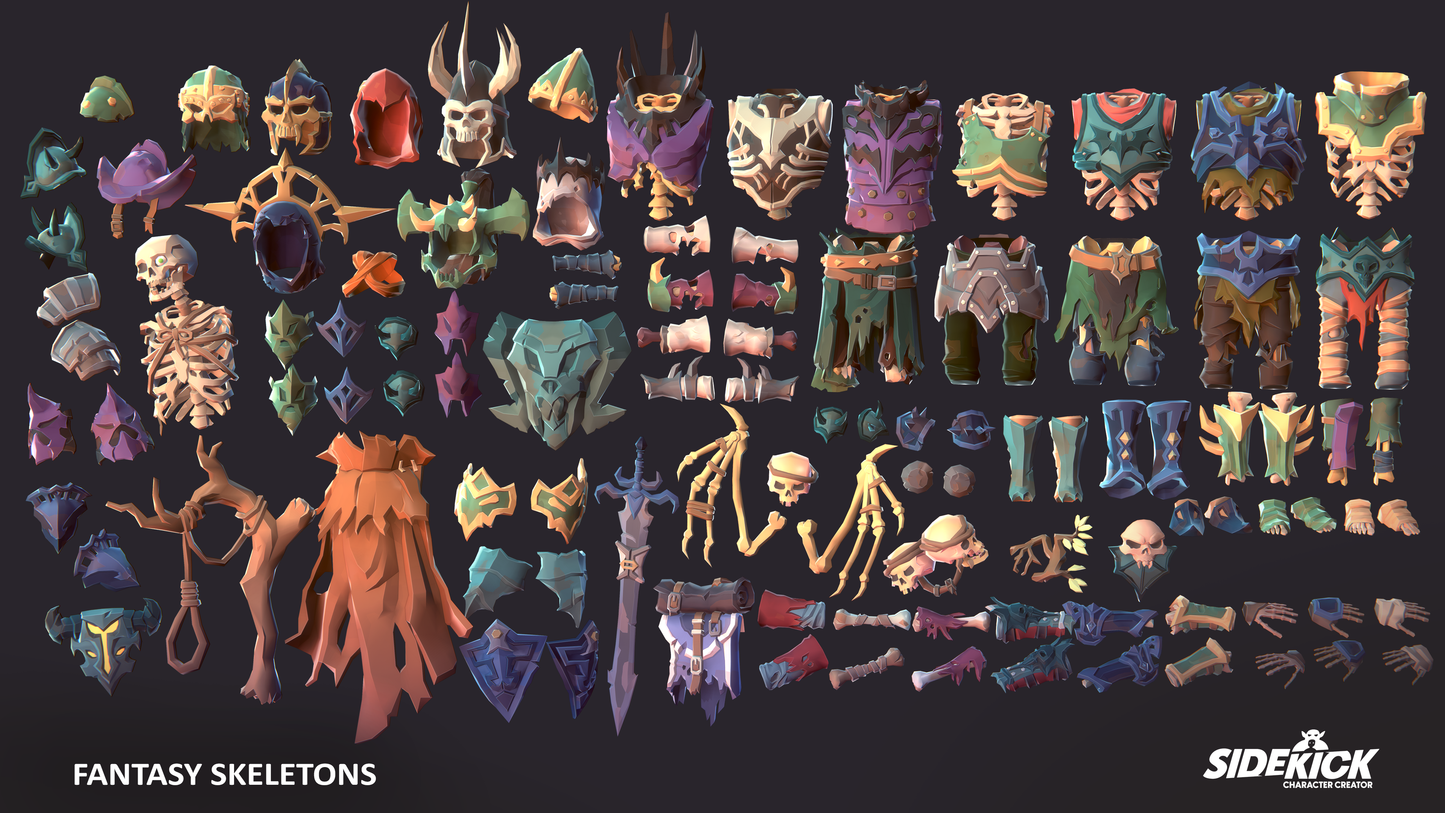 Collection of fantasy skeleton 3D assets on a dark background
