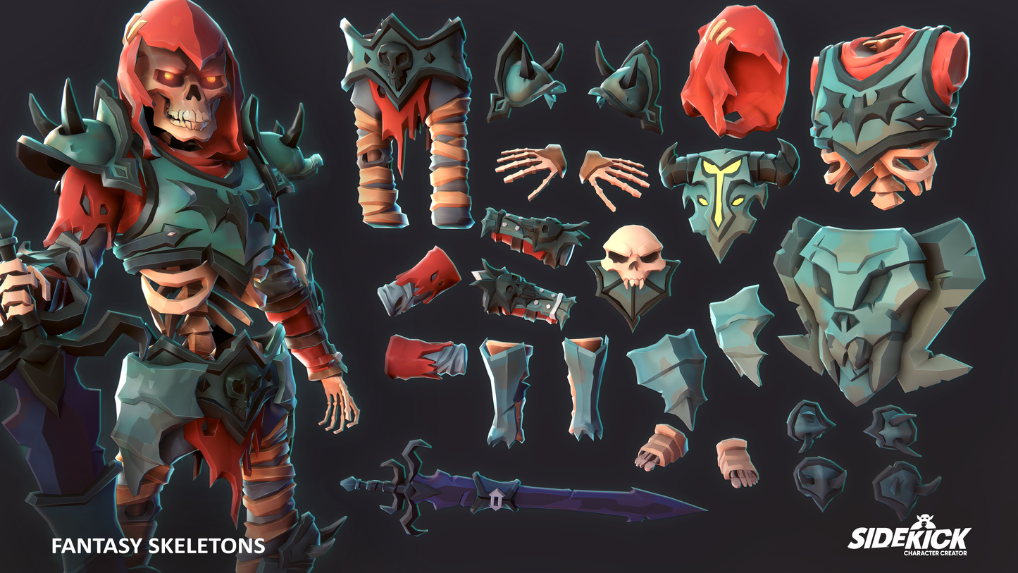 Fantasy skeleton character with customizable parts on a dark background, featuring Sidekick branding.