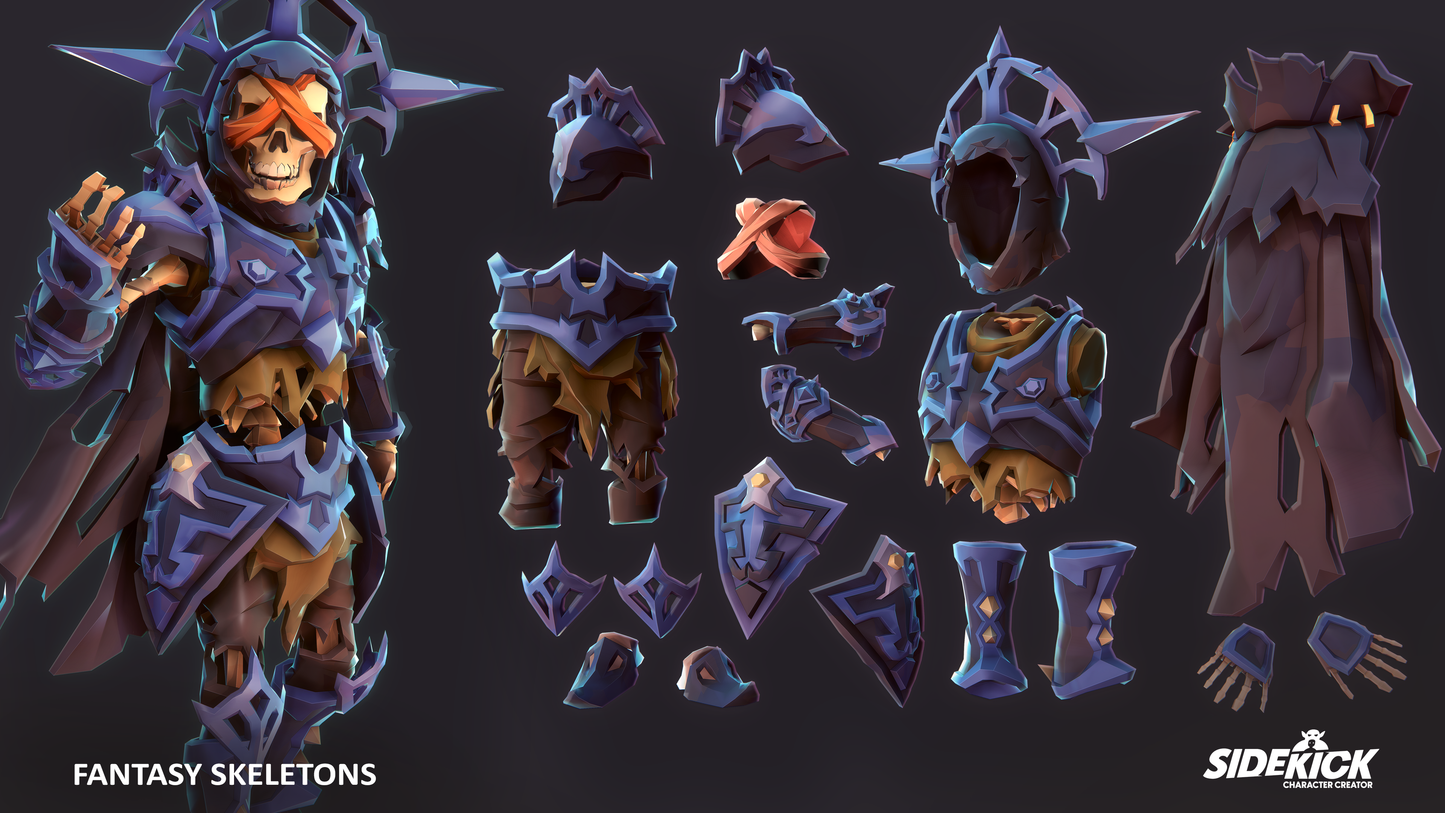 Fantasy skeleton character with customizable parts on a dark background