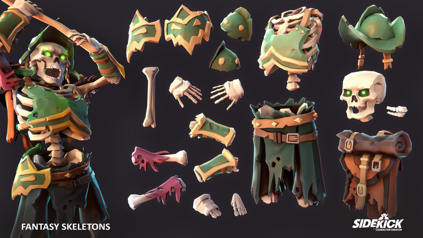 Fantasy skeleton 3D character with customizable parts on a dark background, featuring Sidekick branding.
