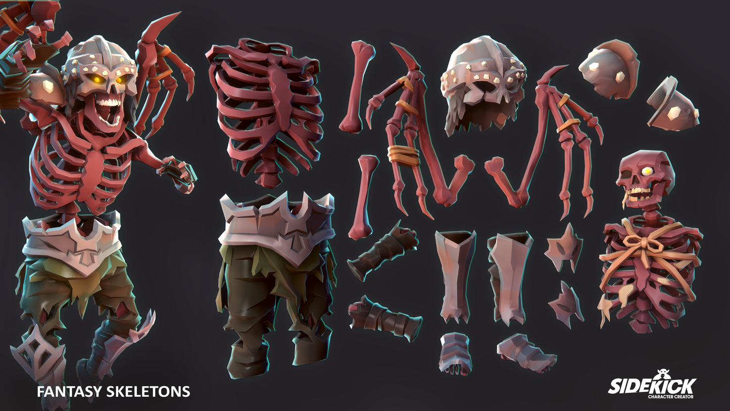 Fantasy skeleton character with 3D asset parts on a dark background