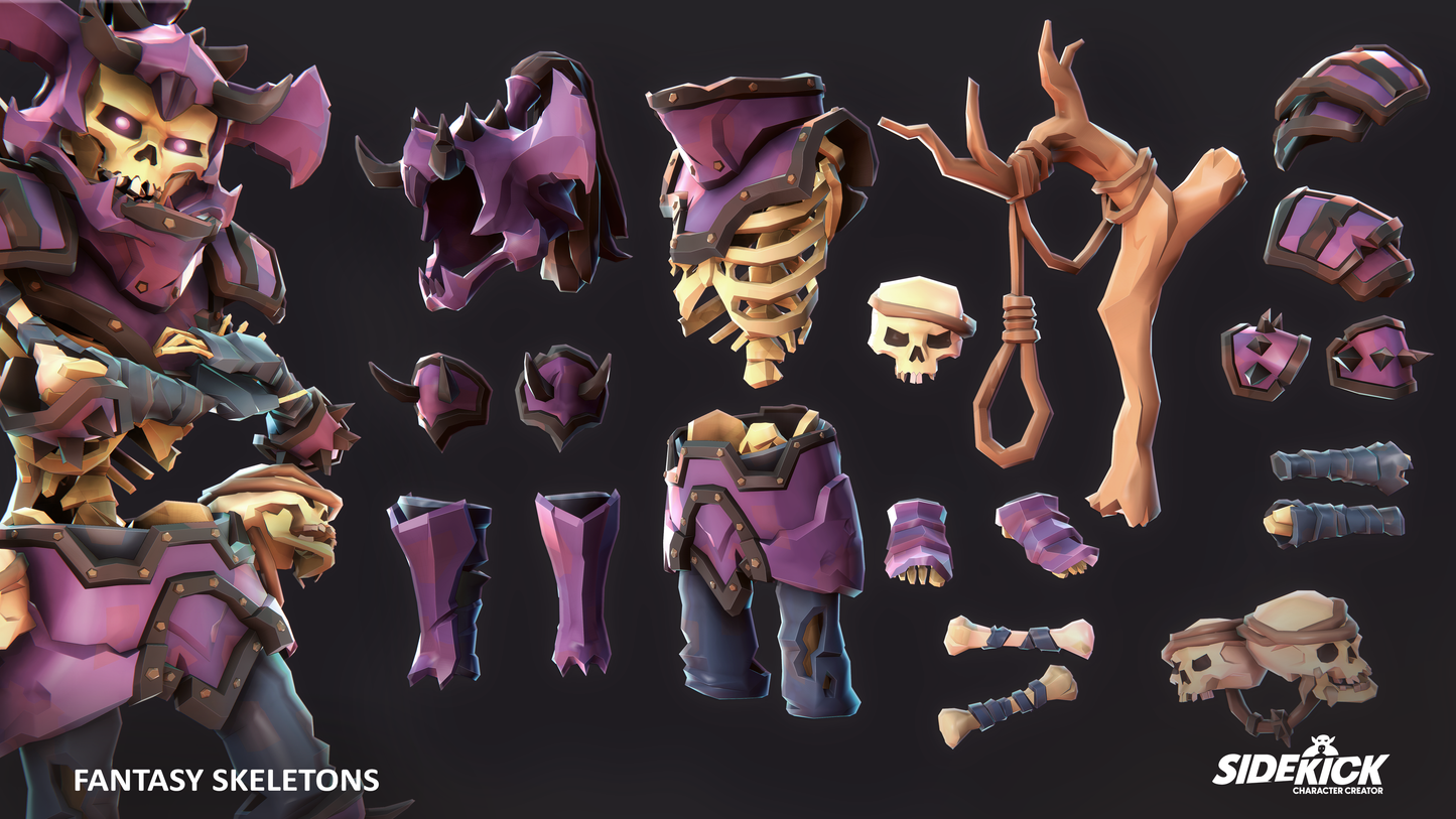 Collection of fantasy skeleton parts in a pink colour theme on a dark background with Siderick branding