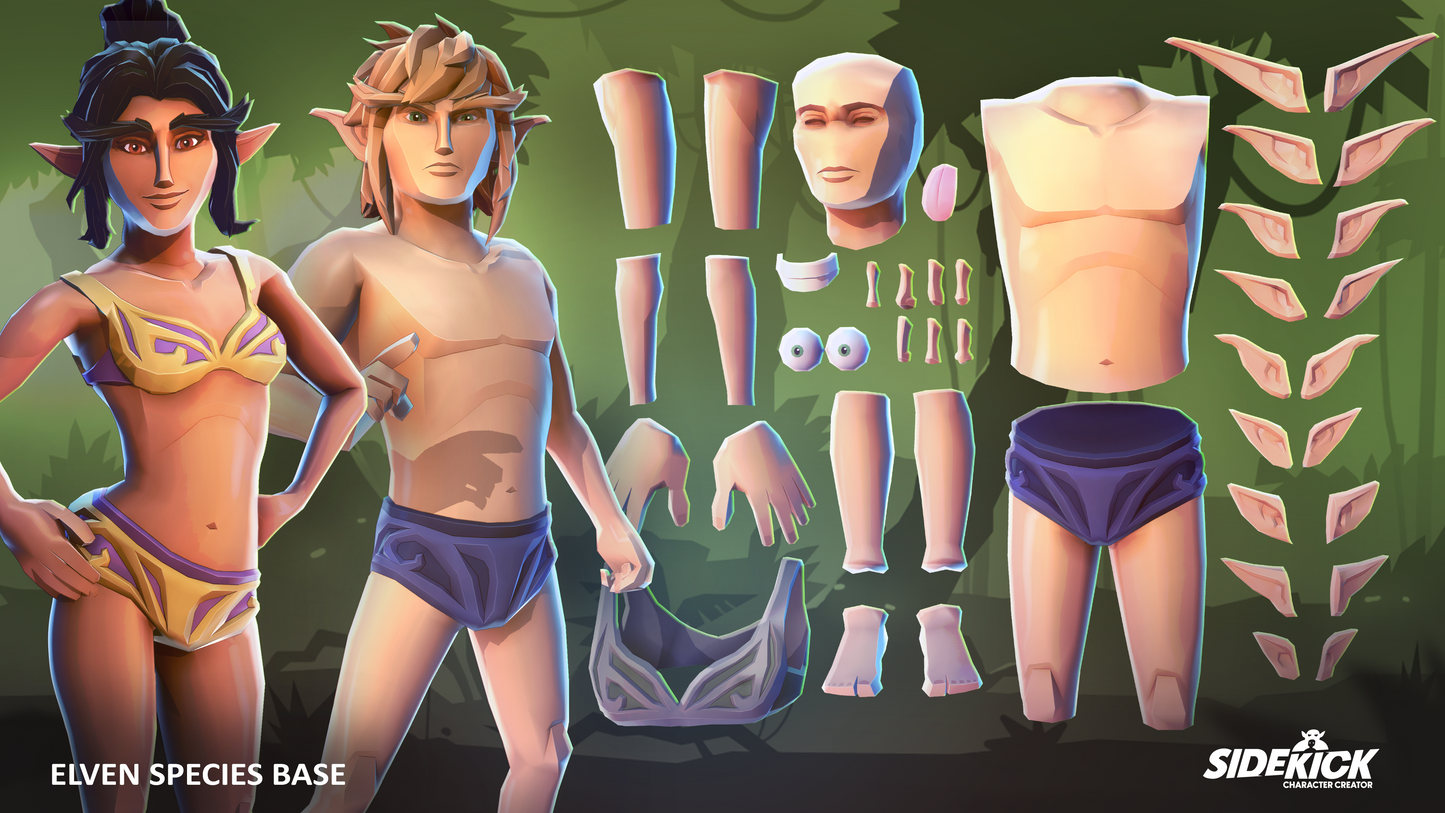 Elven character design with customizable body parts on a green background