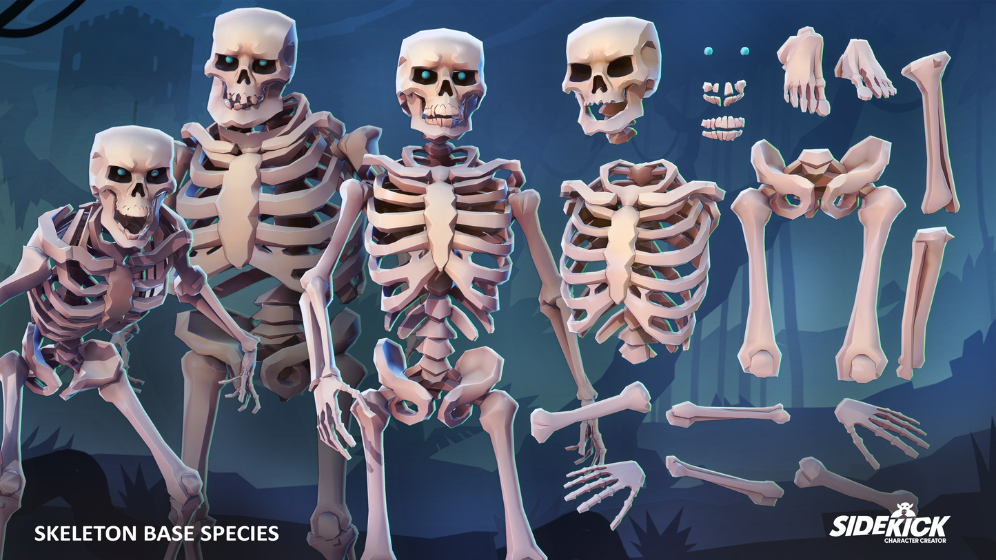3D skeleton base species with various parts on a dark background