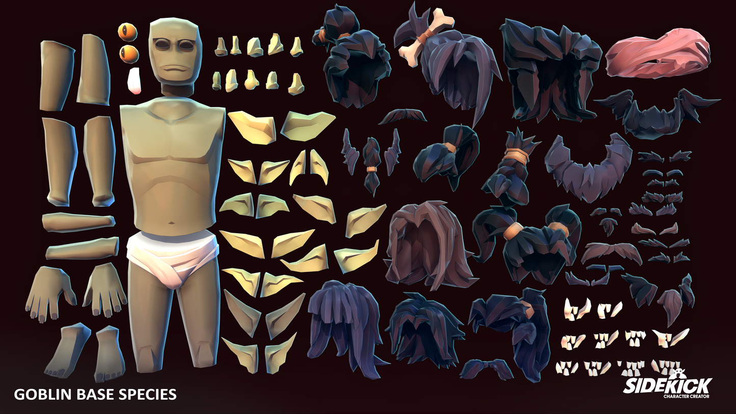 Goblin base species character parts on a dark background with Sidekick logo.