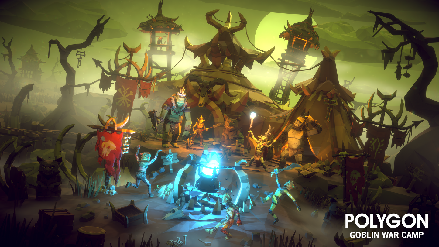 Goblin shamans and wizards performing a ritual around an ethereal blue fire pit