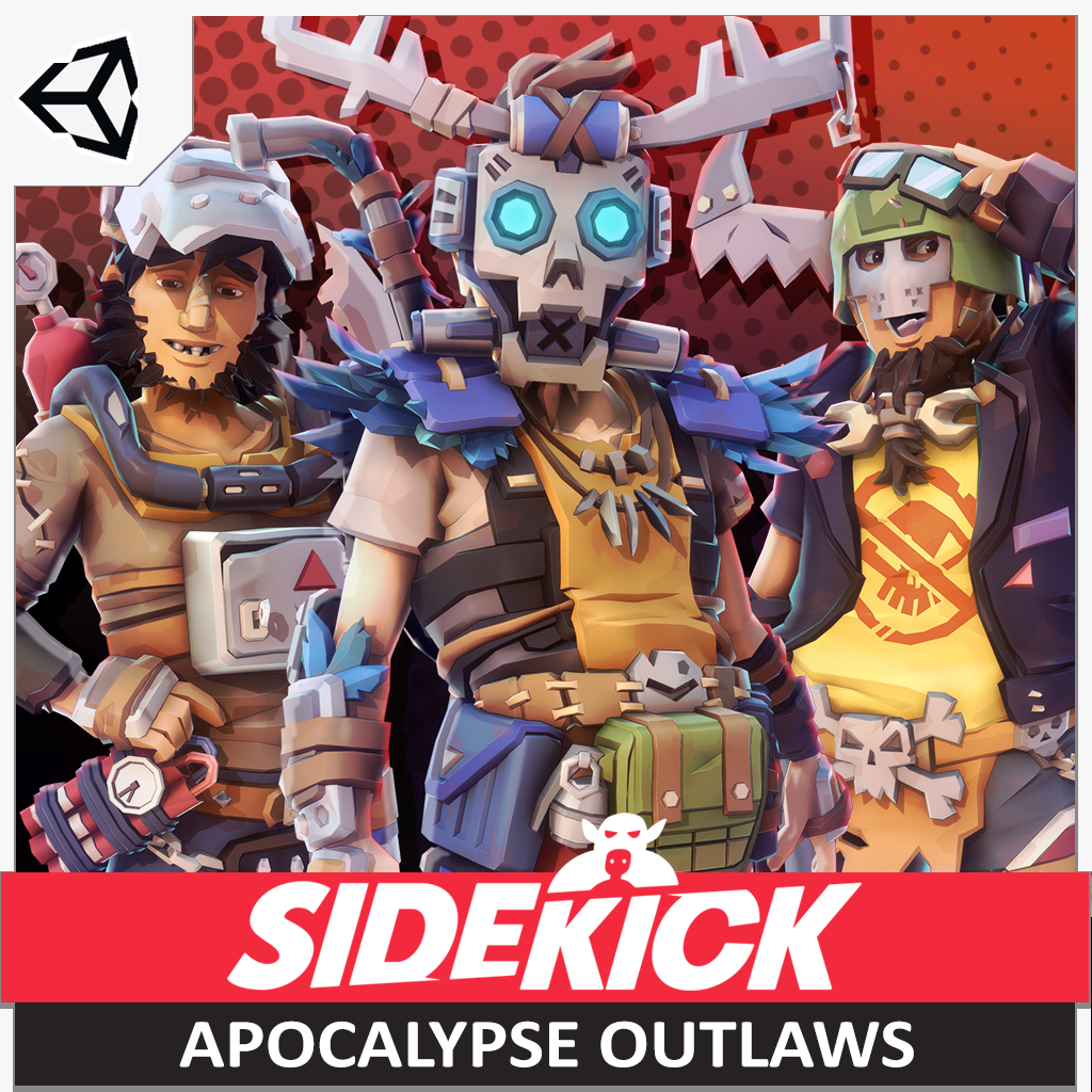 Three animated characters with helmets and outfits, featuring the Sidekick logo and Apocalypse Outlaws text.