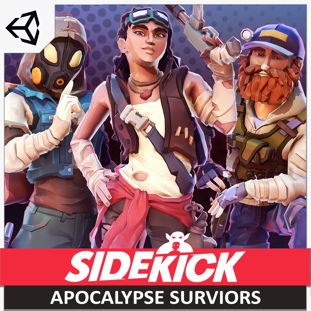 Three animated characters in survival gear on the cover of the Sidekick Apocalypse Survivors 3D asset pack