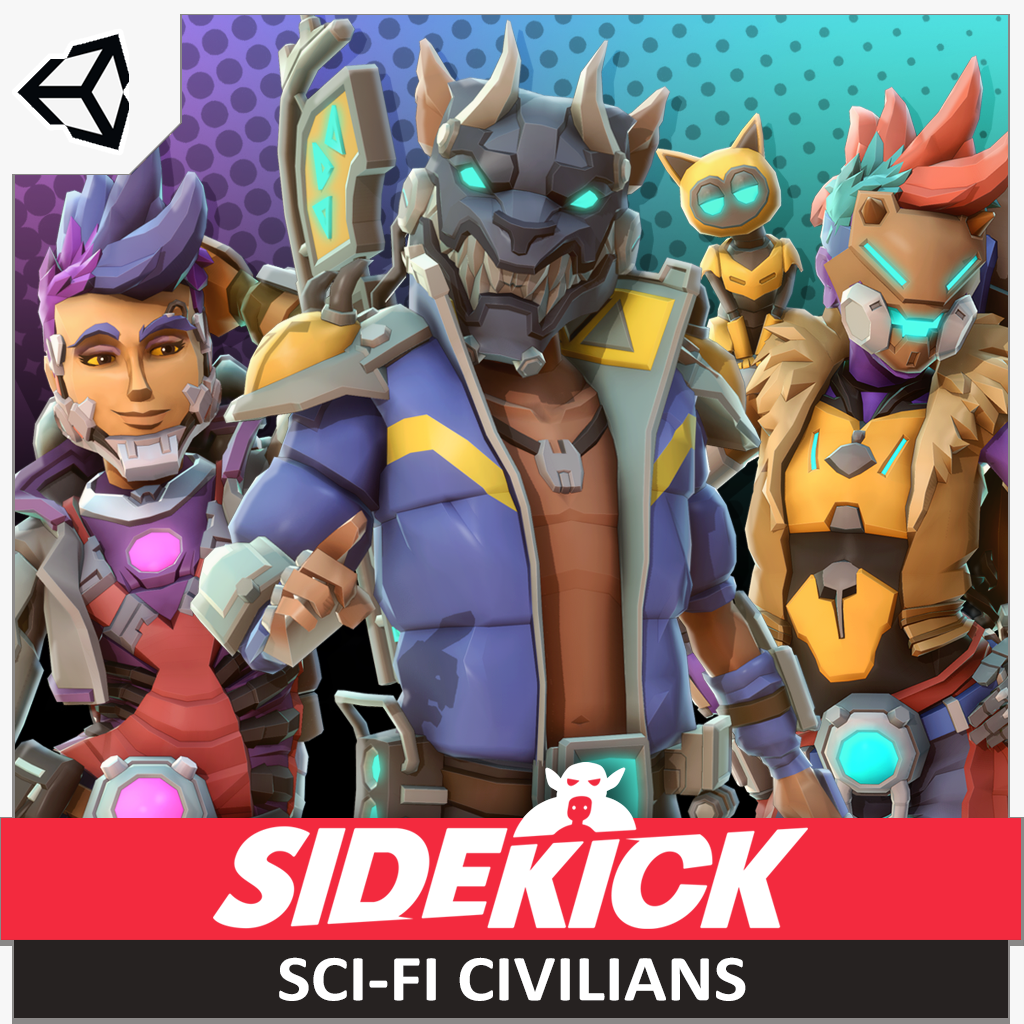 Animated sci-fi characters with Sidekick character creator branding on a colorful background.