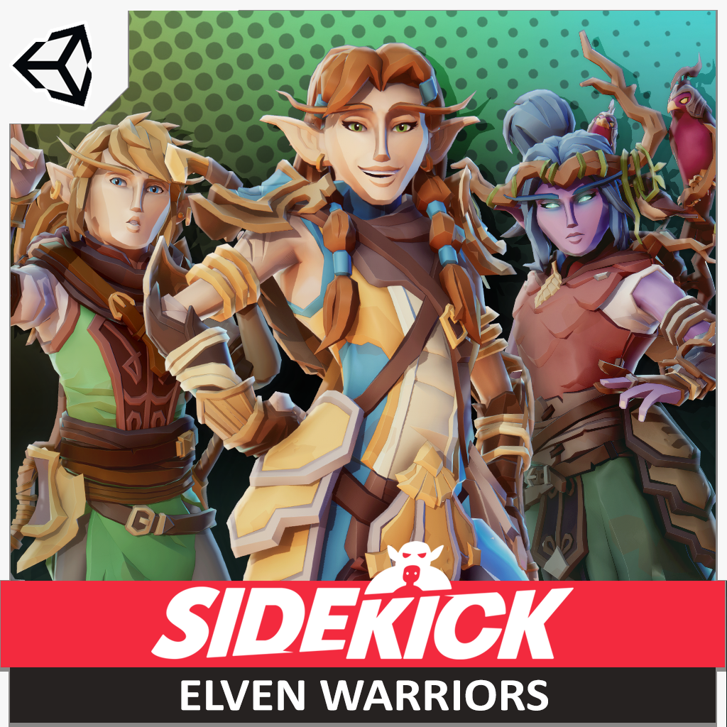 Three elven warriors with Sidekick branding on a colorful background