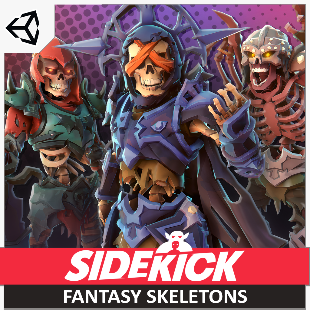 Three fantasy skeleton characters with Sidekick character creator branding on a purple background