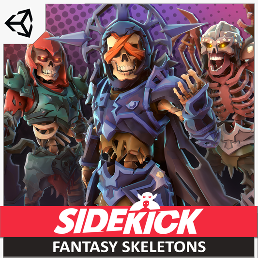 Three fantasy skeleton characters with Sidekick character creator branding on a purple background
