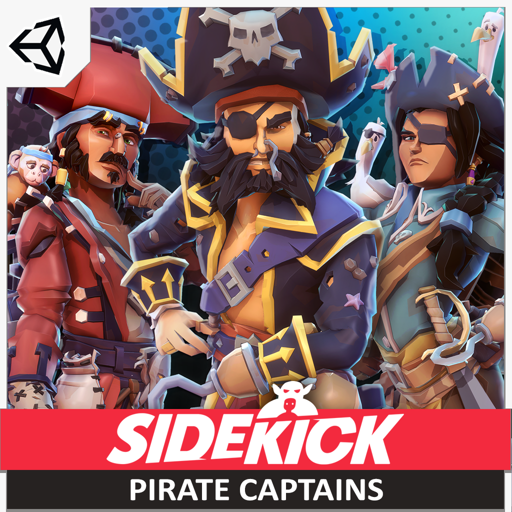 Three animated pirate captains with Sidekick Character Creator branding at the bottom.