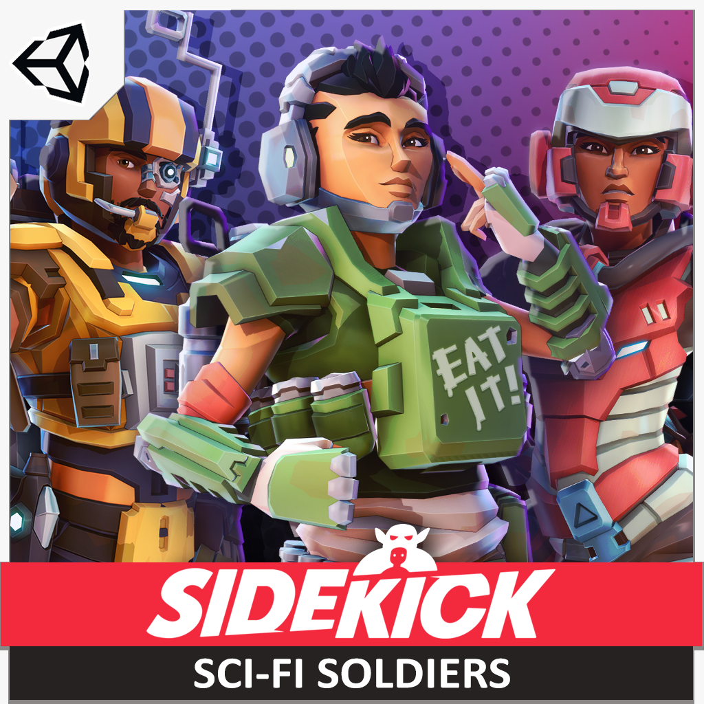 Three animated sci-fi soldiers with Sidekick Character Creator branding on a purple background