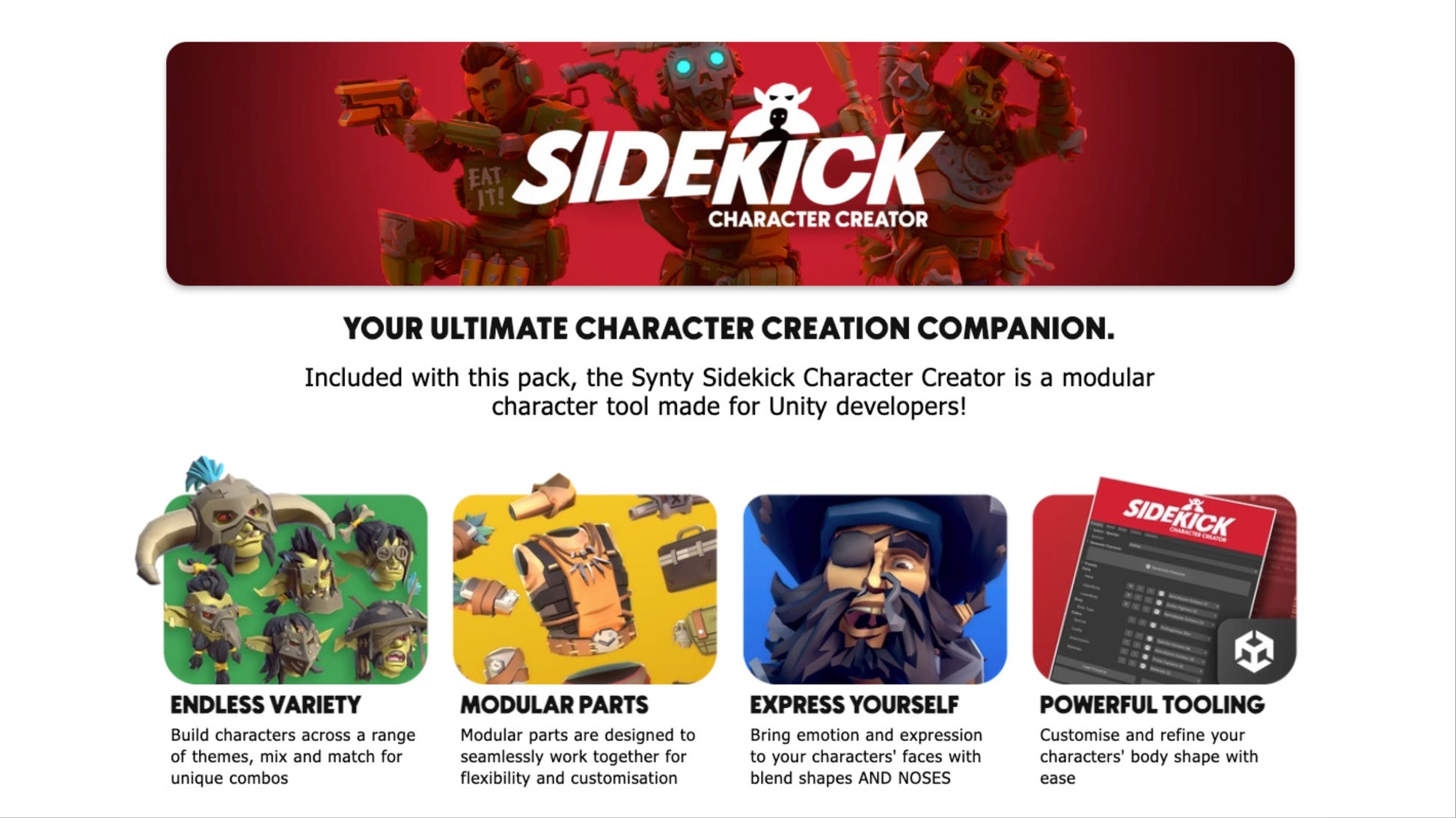 Advertisement for Sidekick Character Creator with character design examples and features.