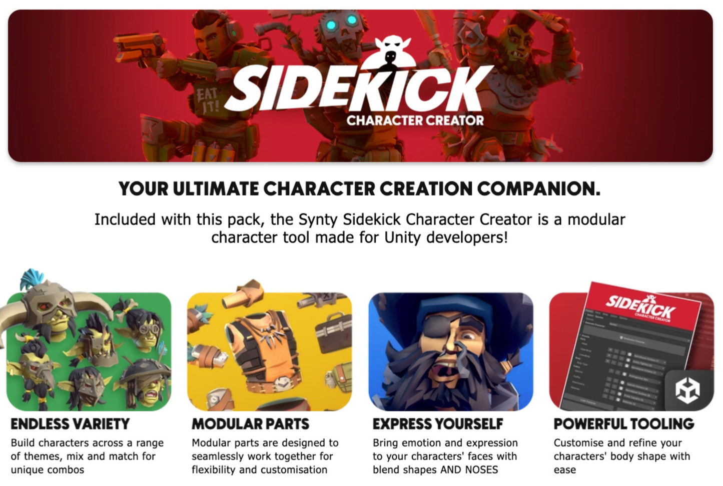 Sidekick character creator tool made for Unity with promotional text and character examples