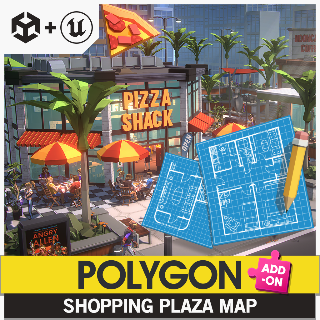 POLYGON Shopping Plaza Map expansion add-on 3D asset pack designed for Unity and Unreal Engine game development