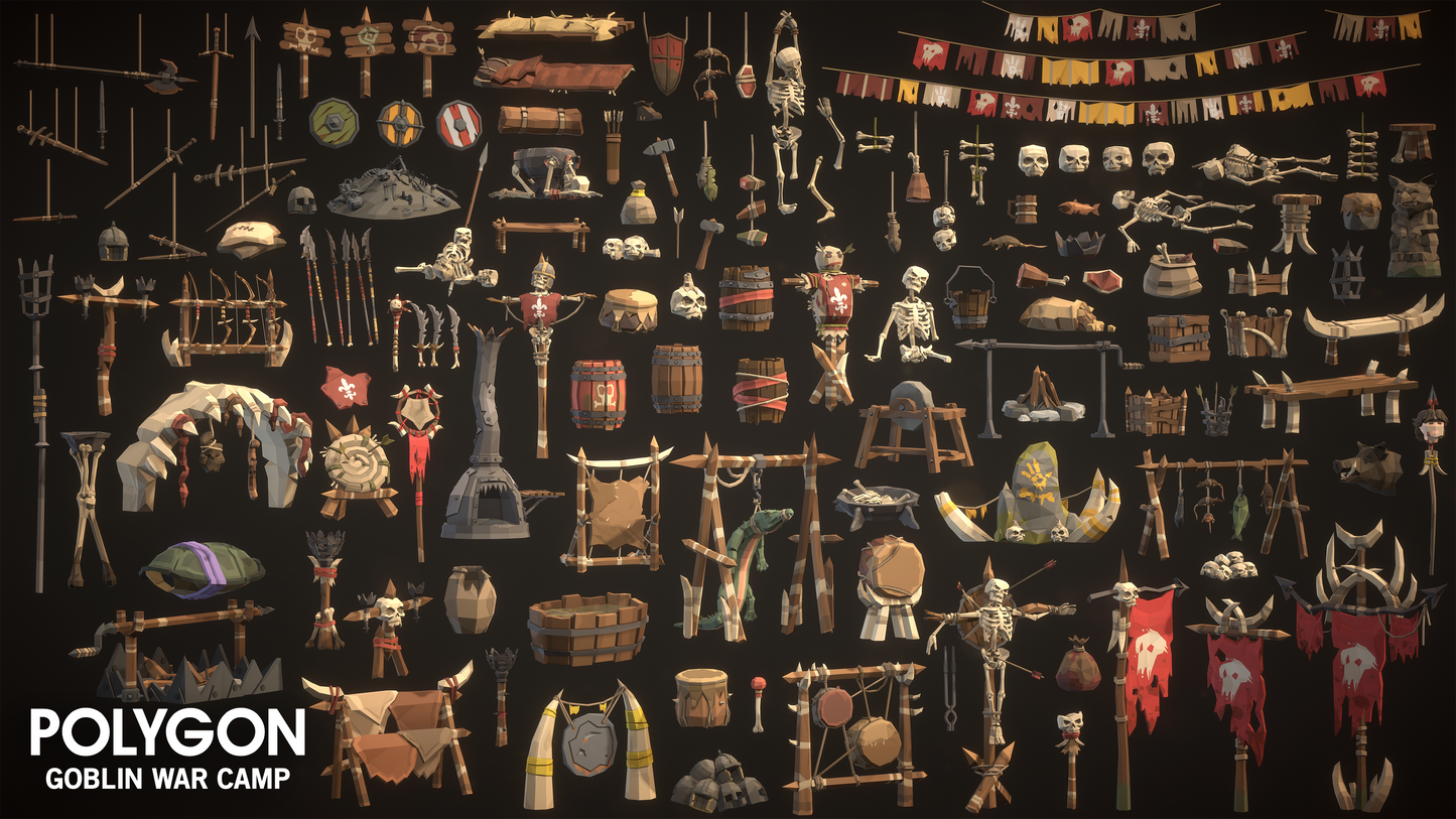 Globin War Camp props and environment assets including hanging weapons, spits, barrels, seats, gongs, banners and totem poles