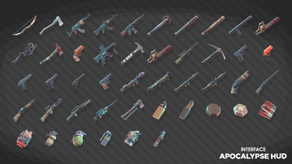 INTERFACE Apocalypse HUD UI asset pack displaying melee weapon sprites for game design