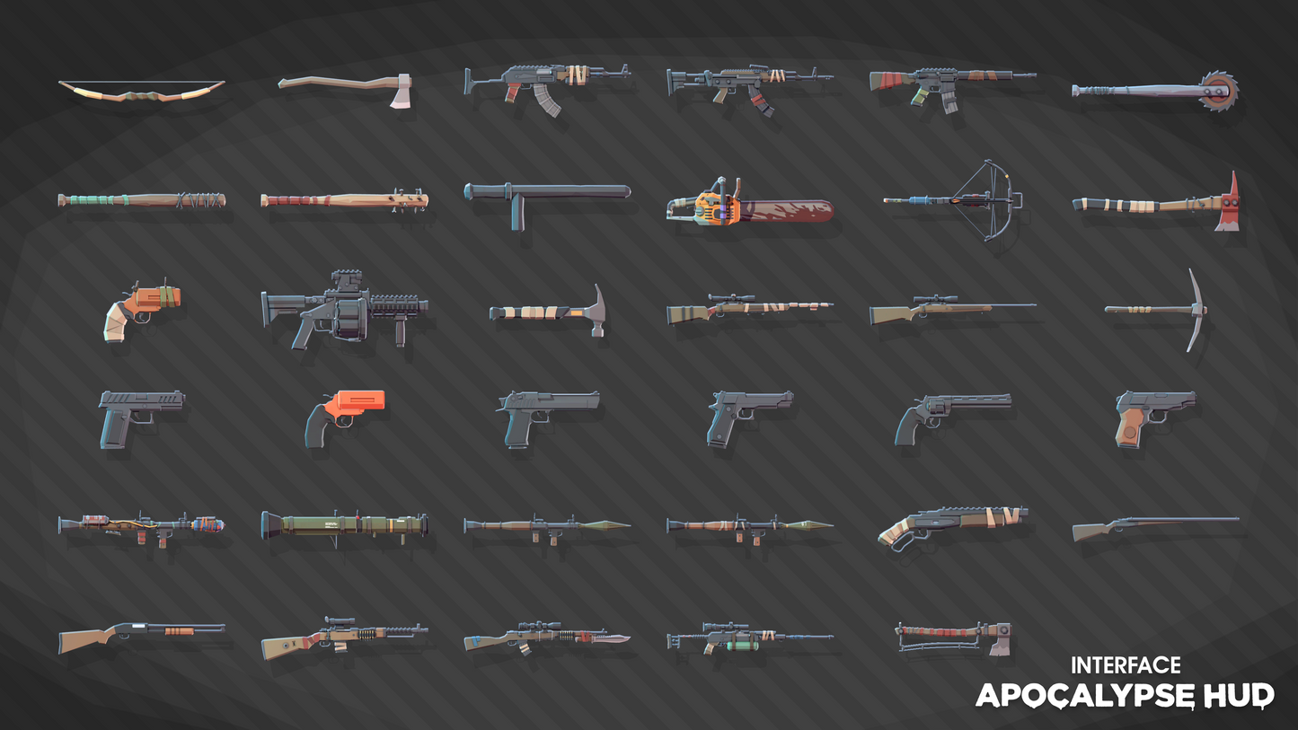 INTERFACE Apocalypse HUD UI asset pack displaying weapon sprites for game design