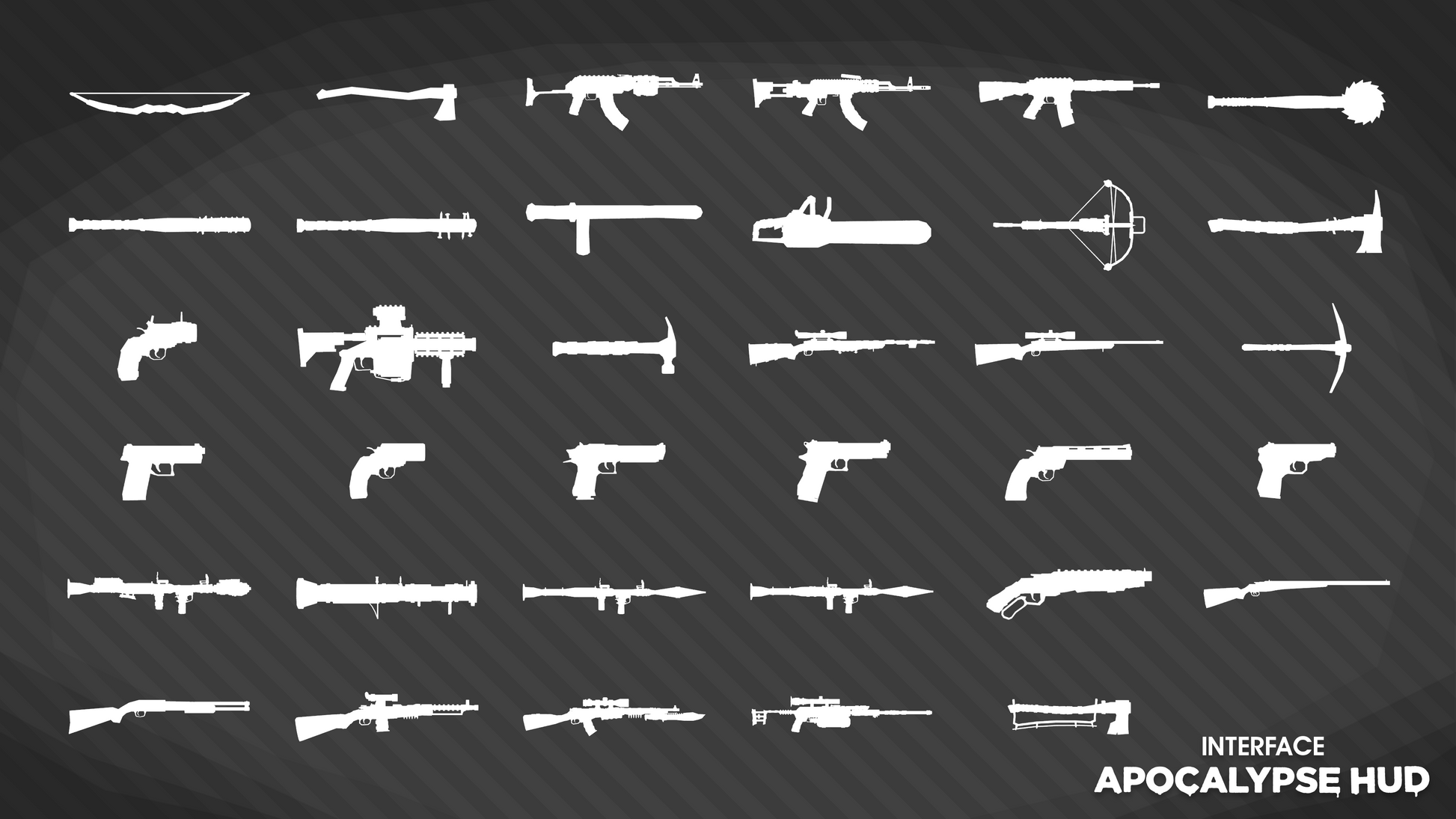 INTERFACE Apocalypse HUD UI asset pack displaying weapon outline in white sprites for game design