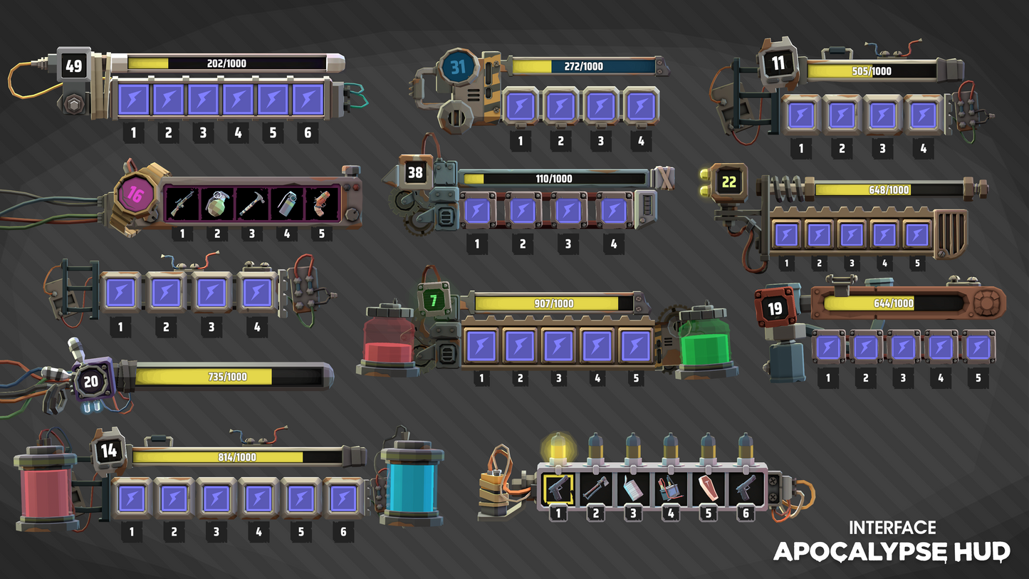 Inventory interface and counter sprite examples from the INTERFACE Apocalypse HUD UI asset pack