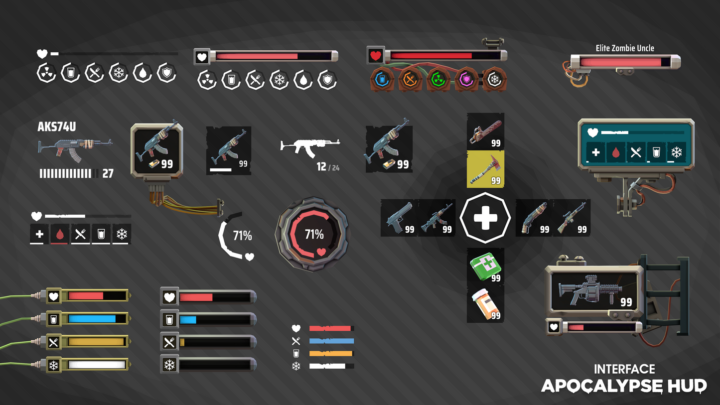 Gauges, screens and ammo count sprite examples from the INTERFACE Apocalypse HUD UI asset pack
