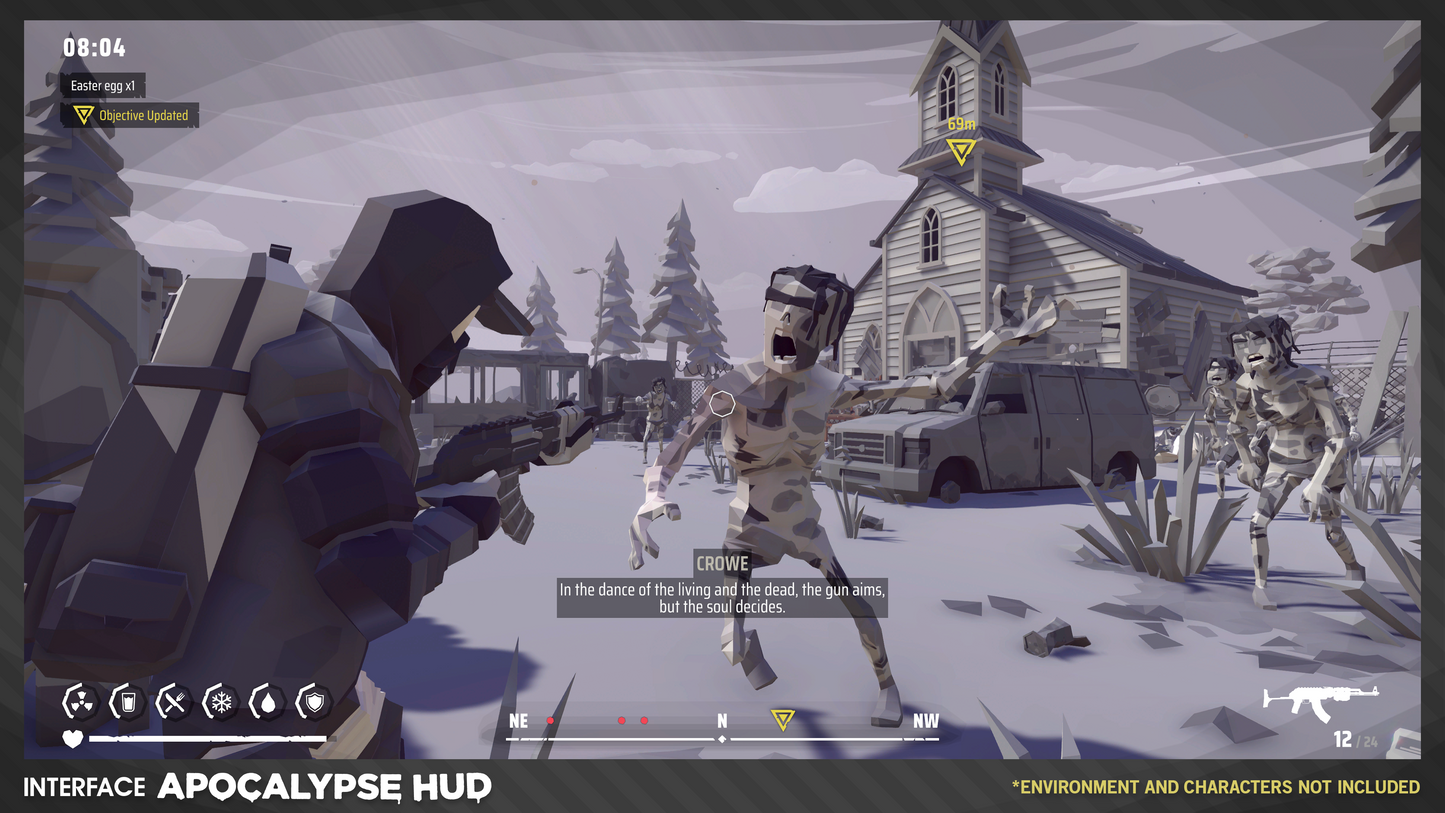 INTERFACE Apocalypse HUD UI asset pack third-person example of character shooting a zombie coming out of a church