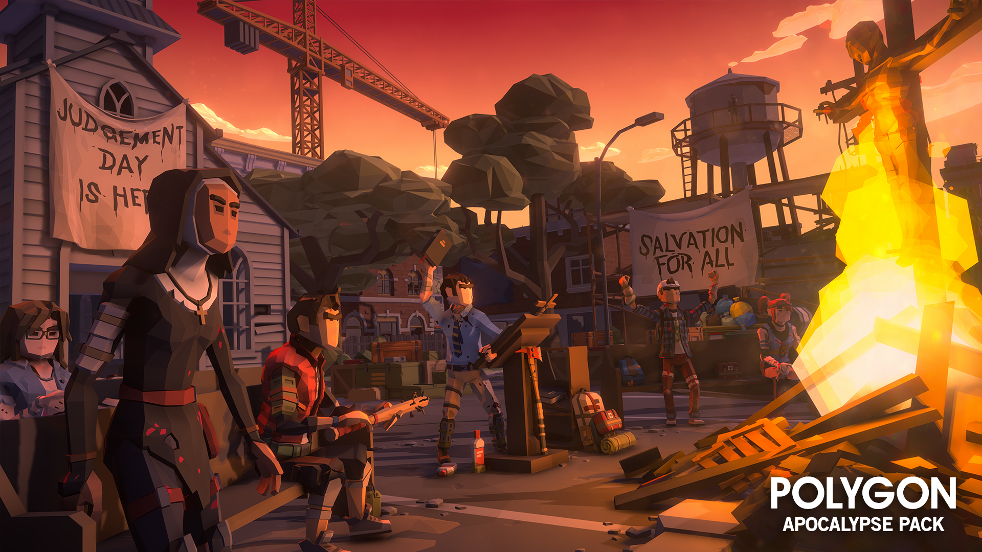 Apocalypse 3D low poly characters standing in a town square burning books and objects
