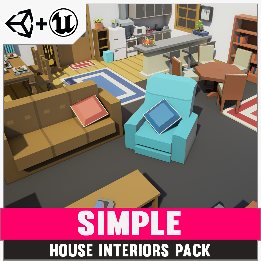 Simple House Interiors for Unity and Unreal 3D low poly asset game development