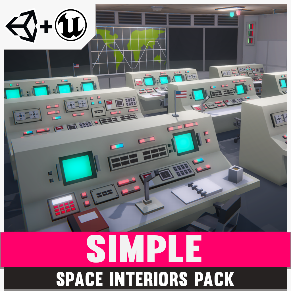 Simple Space Interiors Cartoon Assets for Unity and Unreal 3D low poly asset game development