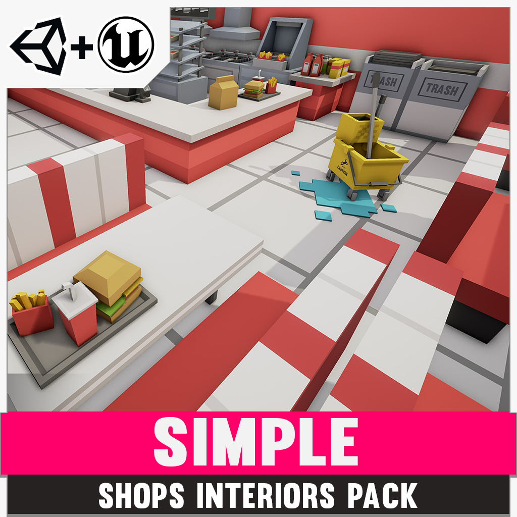 Simple Shop Interiors Cartoon assets for Unity and Unreal 3D low poly game development