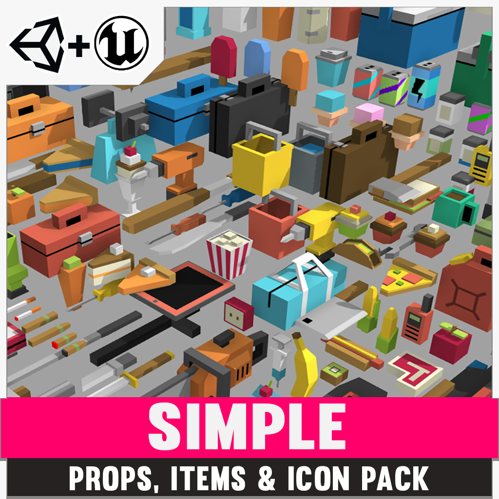 Simple Prop, Items and Icon Pack for Unity and Unreal Engine 3D low poly asset game development