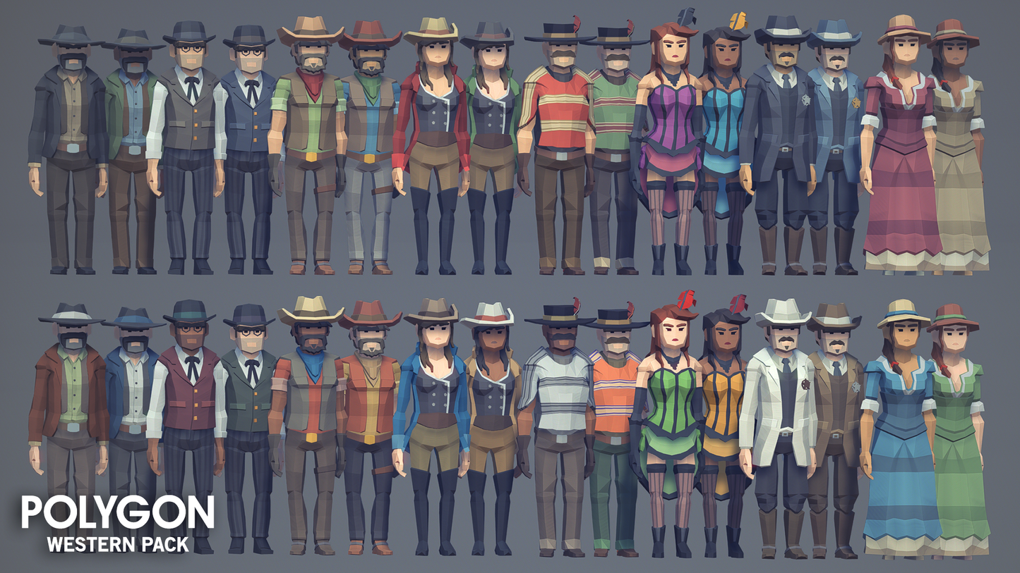 POLYGON Western Pack 3D game character options including cowboys, gunmen, cowgirls, sheriff and common town folk