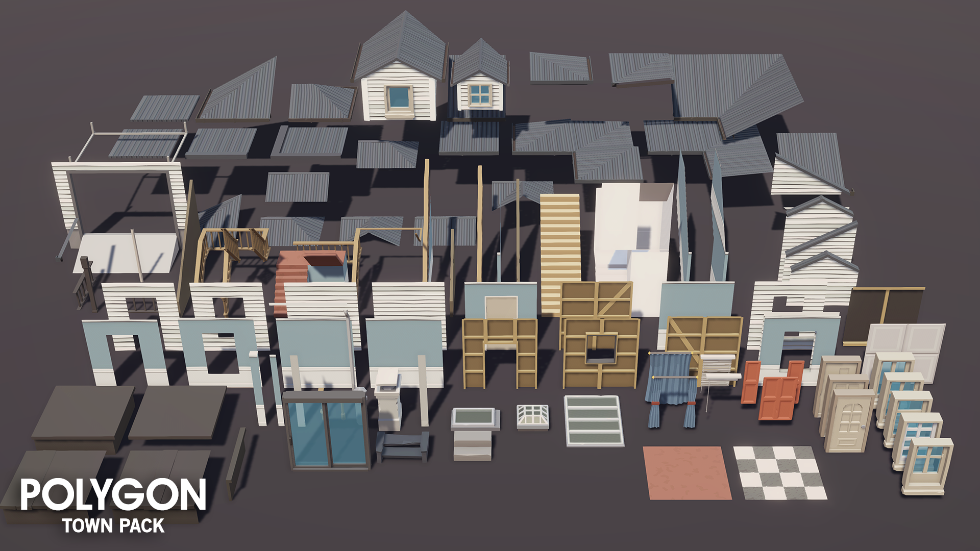 Modular home building 3D low poly objects, skins, items and props from the Polygon Town Pack